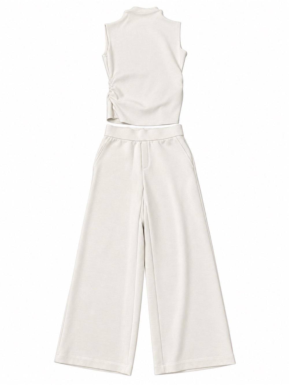 Mock neck and Wide-Leg Knit Pants set in Off-White